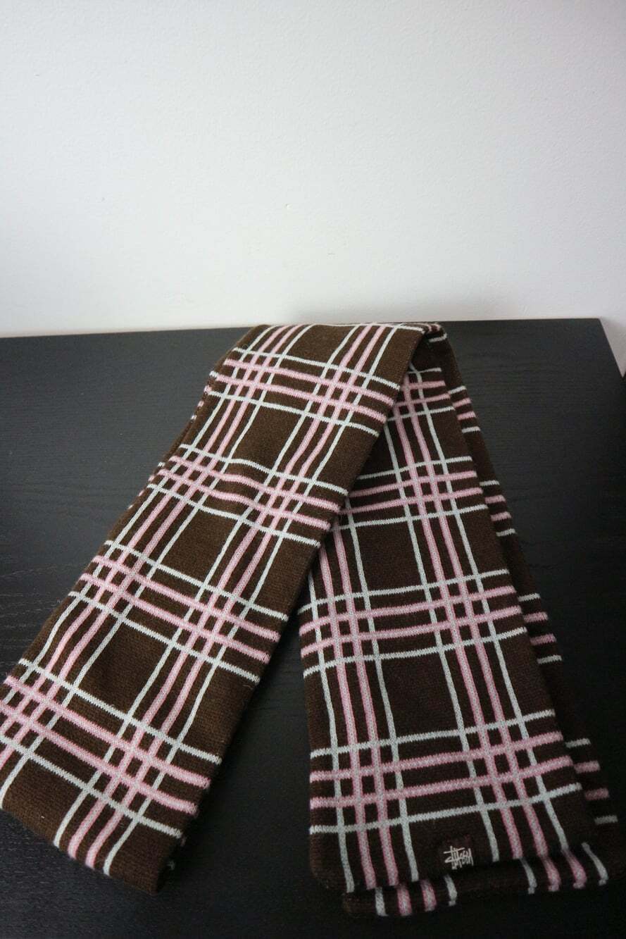 Stussy Worldwide Embroidered Plaid Knit Scarf Brown Pink Vintage